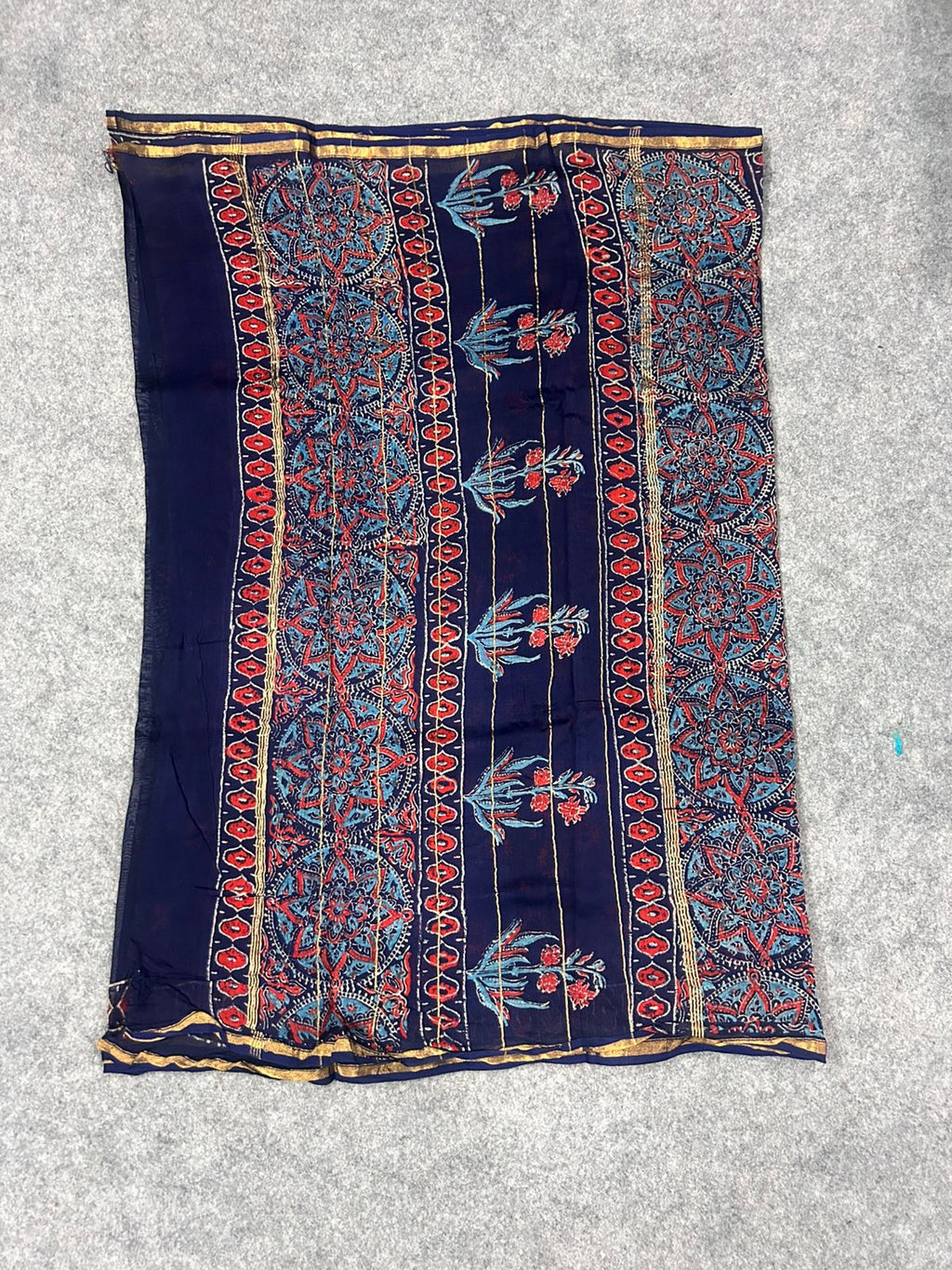 Ink Blue Chanderi Silk Saree with Hand Block Print Motifs & Zari Border | Sheer Festive Elegance