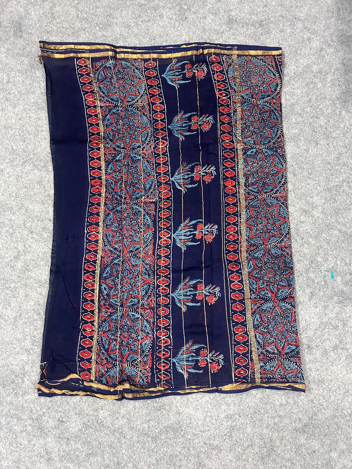 Ink Blue Chanderi Silk Saree with Hand Block Print Motifs & Zari Border | Sheer Festive Elegance