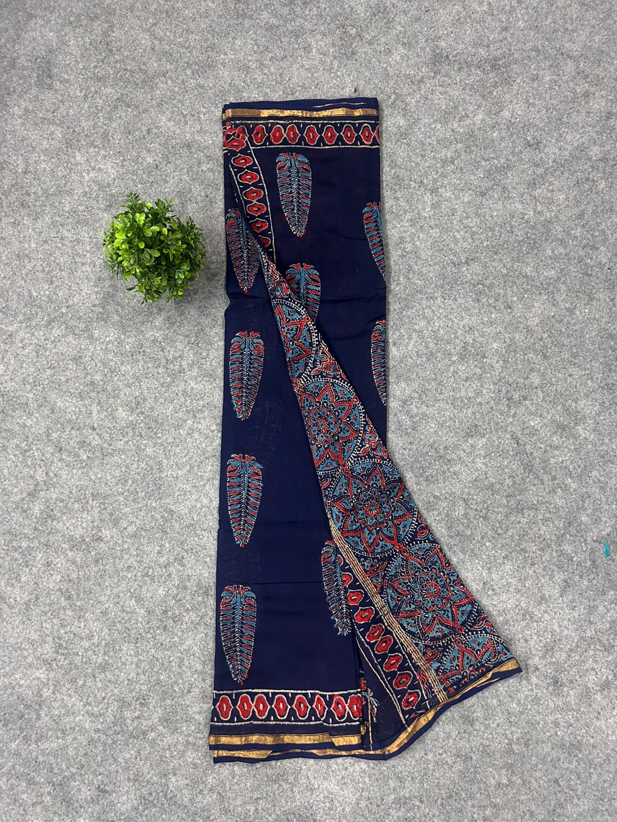 Ink Blue Chanderi Silk Saree with Hand Block Print Motifs & Zari Border | Sheer Festive Elegance