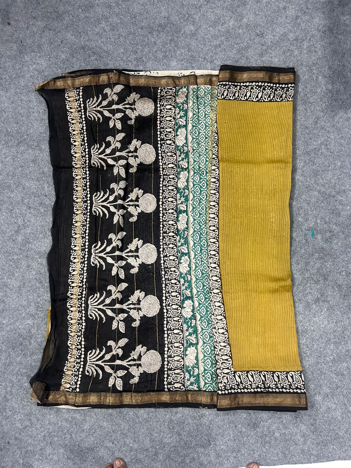 Mustard Yellow Maheshwari Silk Saree with Kalamkari-Inspired Pallu & Zari Border | Handcrafted Statement Saree