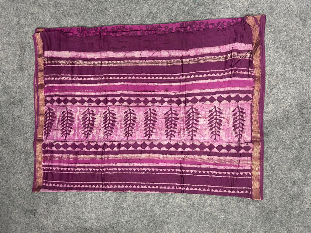 Berry Pink Maheshwari Silk Saree with Abstract Hand Block Print & Zari Border | Statement Festive Saree