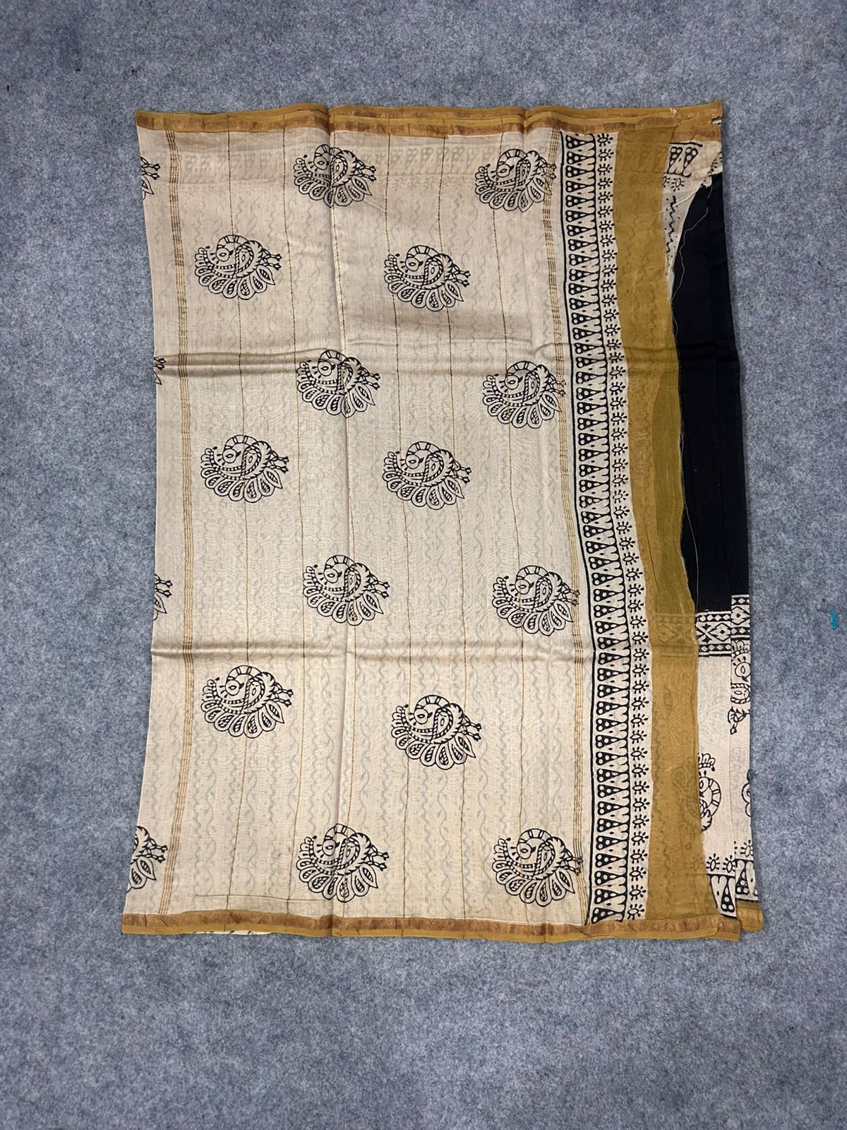 Antique Beige Chanderi Silk Saree with Hand Block Print & Zari Border | Timeless Artisan Edit