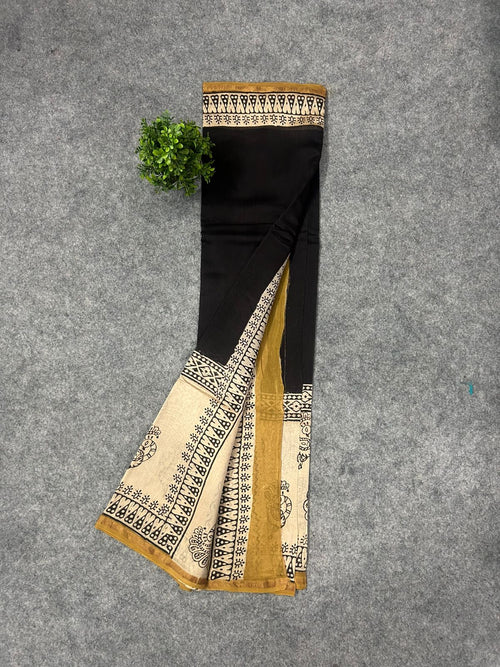 Antique Beige Chanderi Silk Saree with Hand Block Print & Zari Border | Timeless Artisan Edit