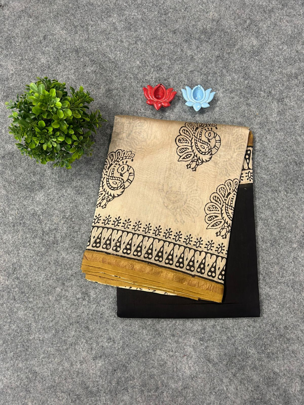 Antique Beige Chanderi Silk Saree with Hand Block Print & Zari Border | Timeless Artisan Edit