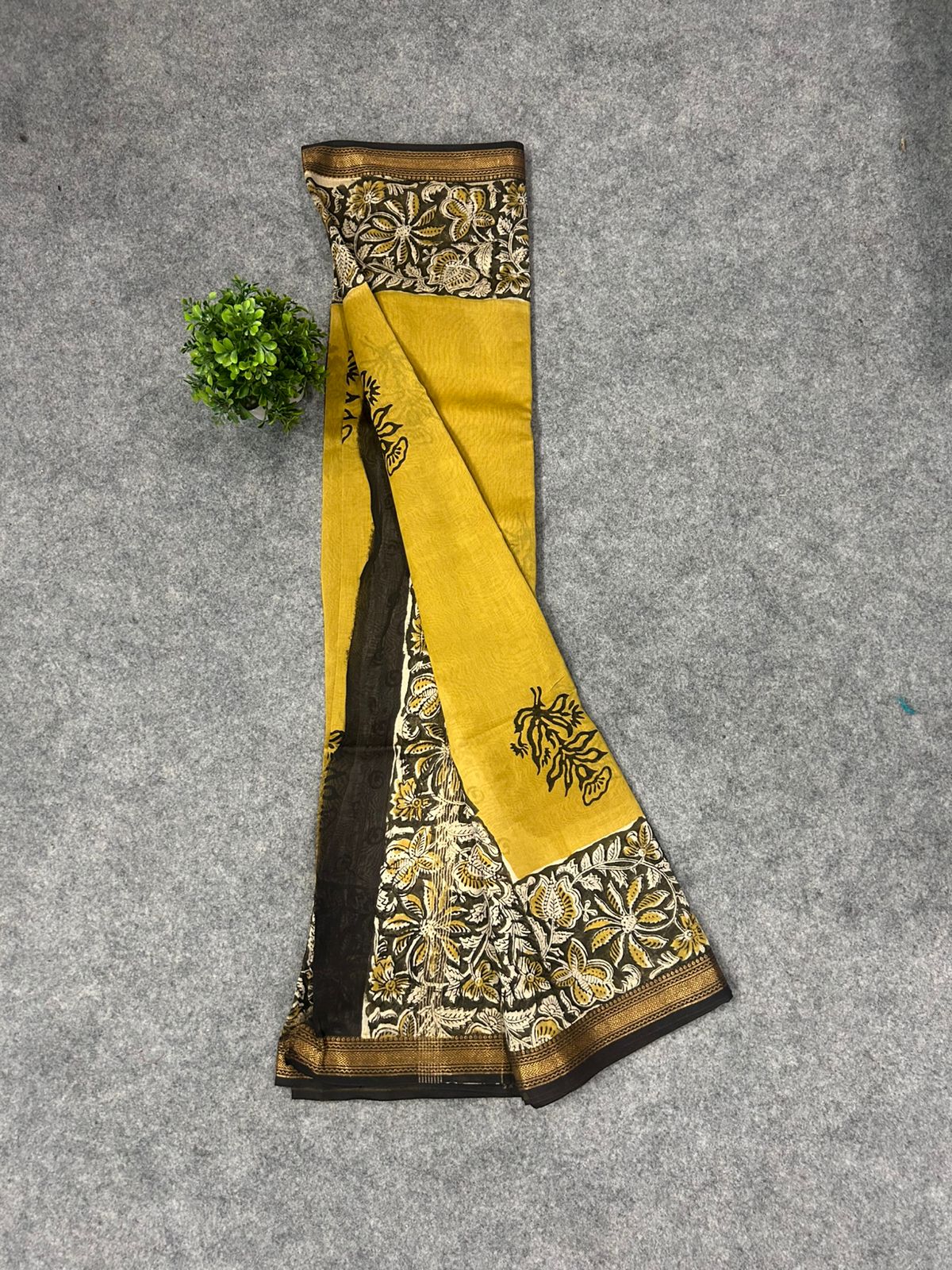 Mustard Yellow Maheshwari Silk Saree with Handblock Floral Border & Zari Detailing | Festive Elegance Saree