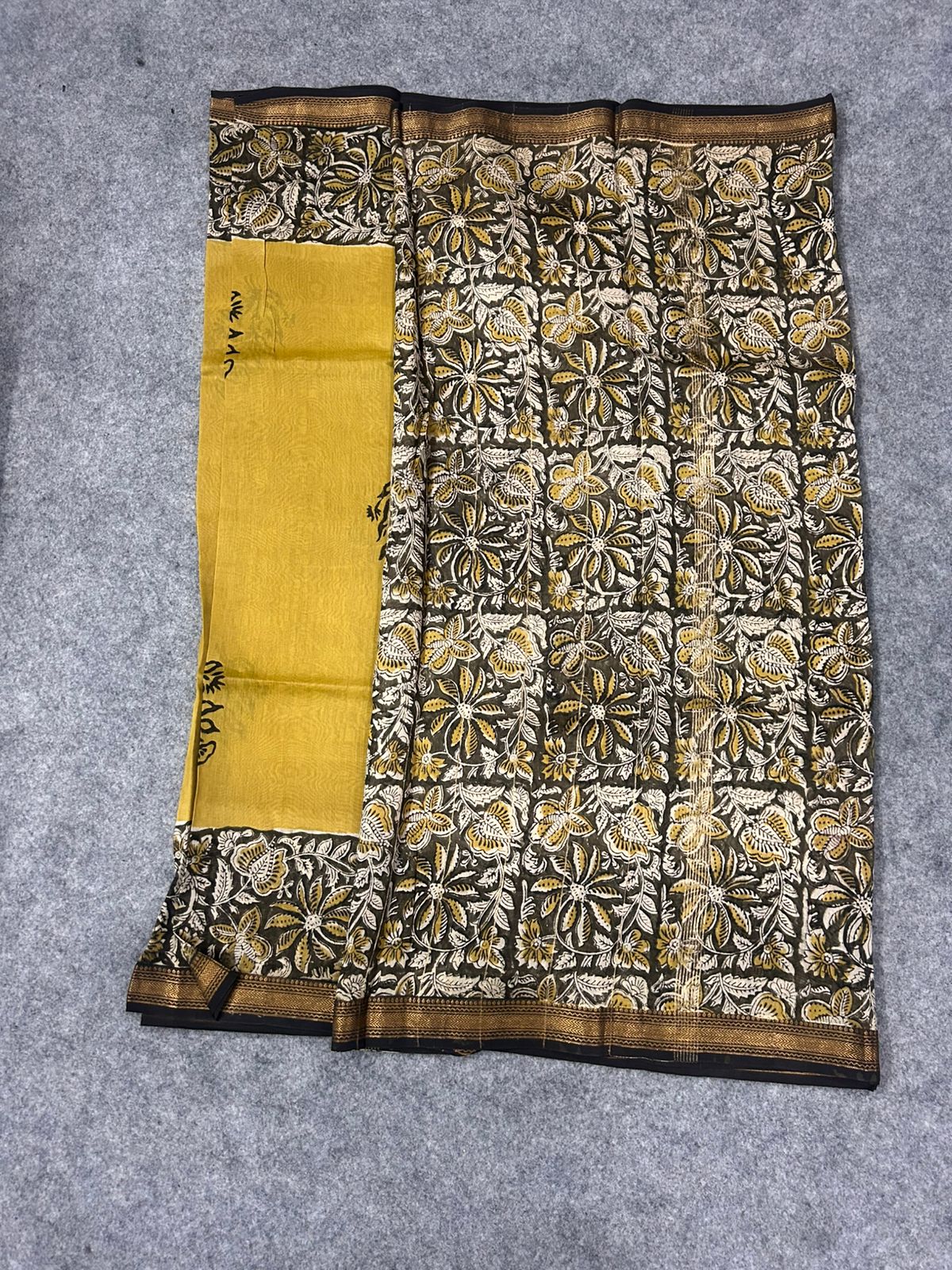 Mustard Yellow Maheshwari Silk Saree with Handblock Floral Border & Zari Detailing | Festive Elegance Saree