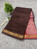 Deep Maroon Maheshwari Silk Saree with Pink Striped Pallu & Zari Border | Handwoven Festive Saree