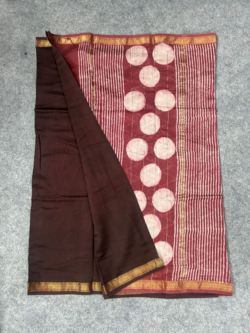 Deep Maroon Maheshwari Silk Saree with Pink Striped Pallu & Zari Border | Handwoven Festive Saree