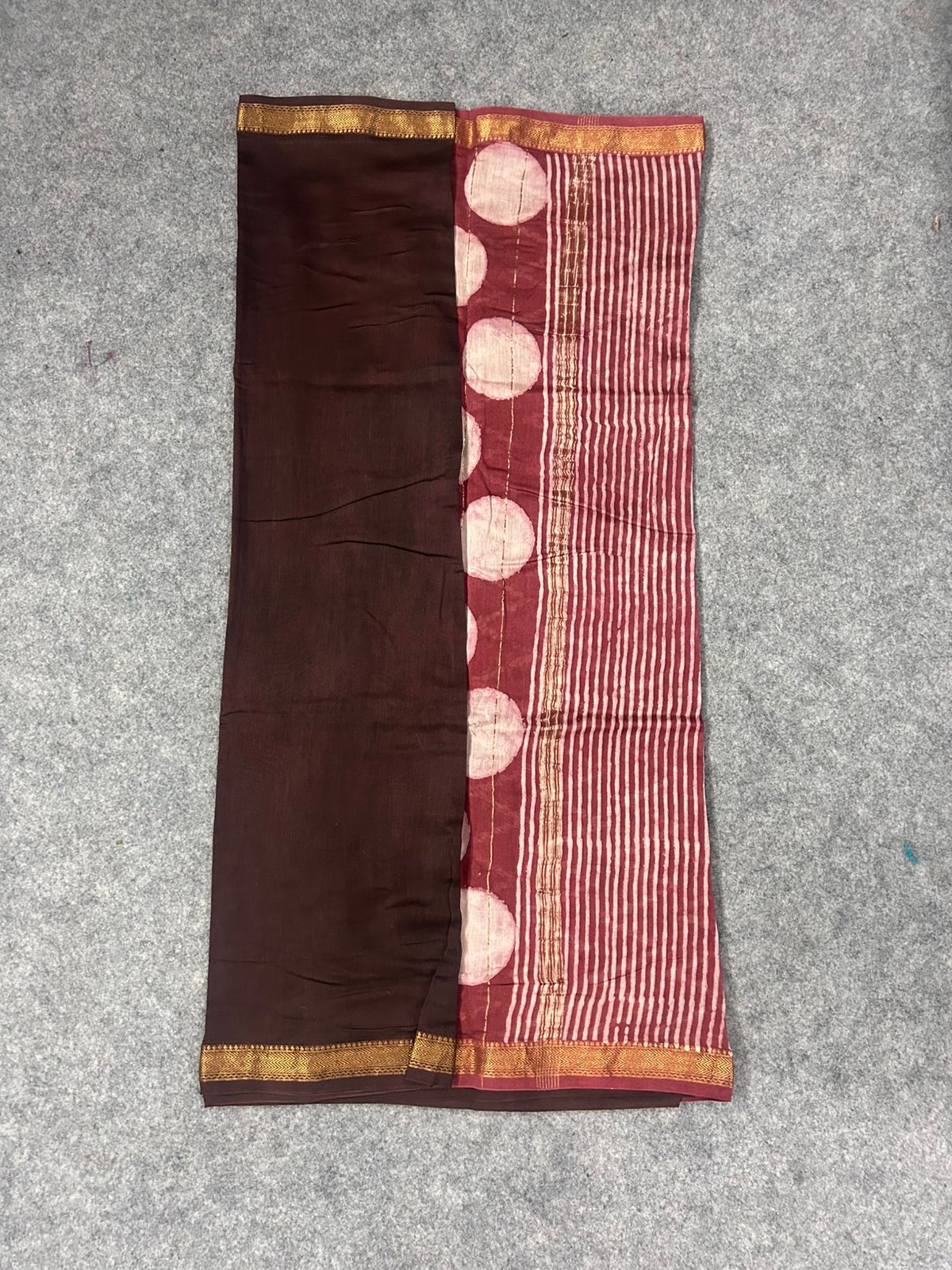 Deep Maroon Maheshwari Silk Saree with Pink Striped Pallu & Zari Border | Handwoven Festive Saree
