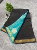 Black & Teal Maheshwari Silk Saree with Striped Pallu & Zari Border | Elegant Contrast Saree